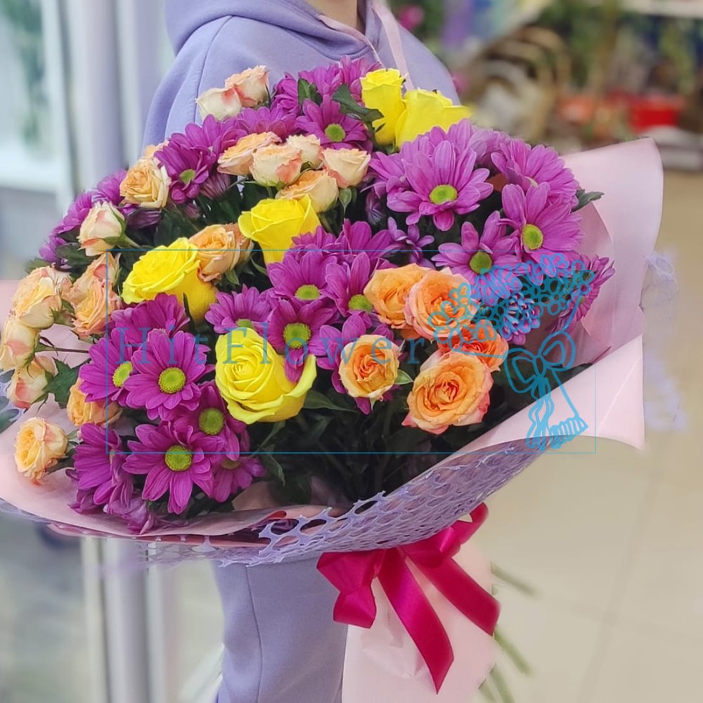 Букет цветов из: Хризантемы и Розы